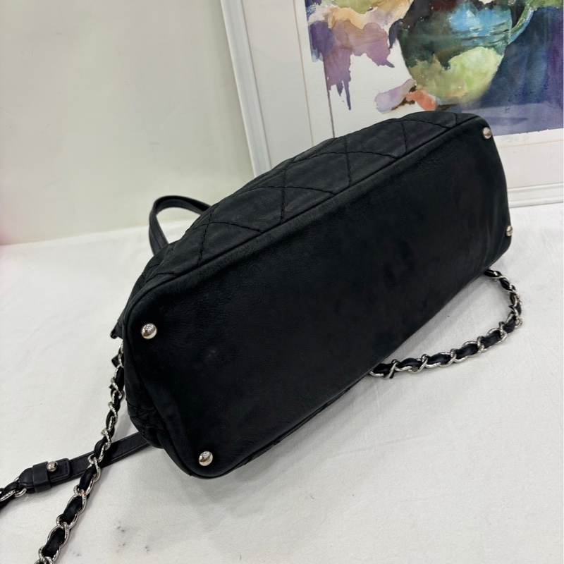 CHANEL香奈兒 黑銀絎縫 2ways 斜背托特包 17開-4