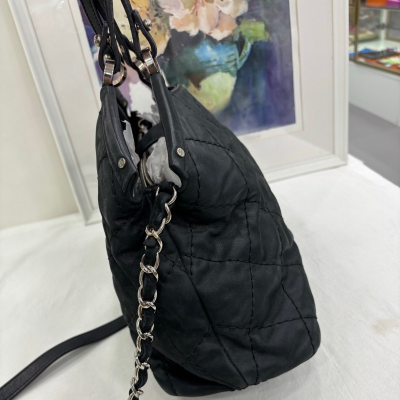 CHANEL香奈兒 黑銀絎縫 2ways 斜背托特包 17開-5
