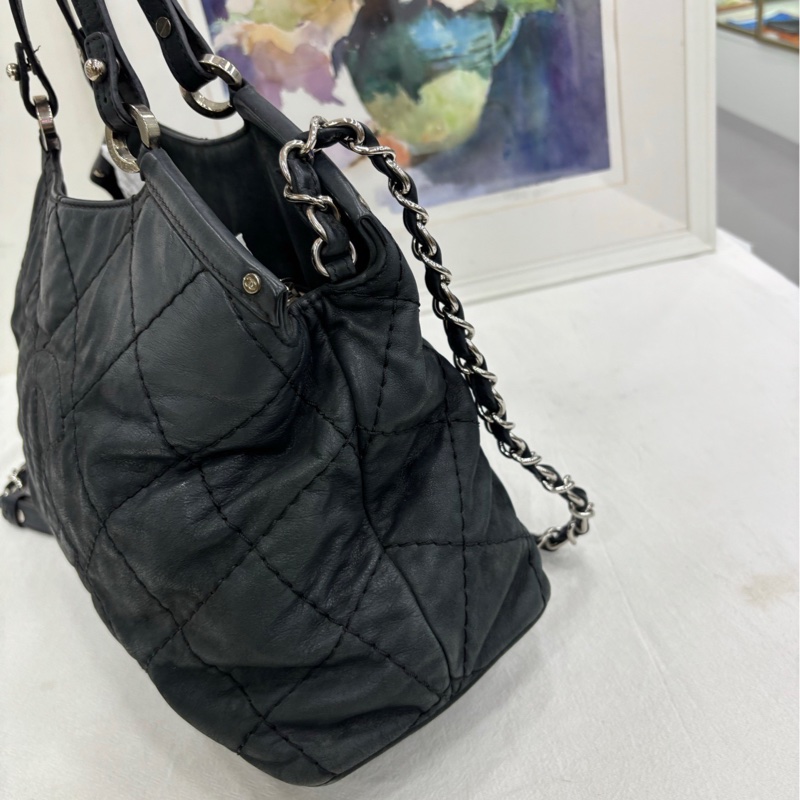 CHANEL香奈兒 黑銀絎縫 2ways 斜背托特包 17開-6