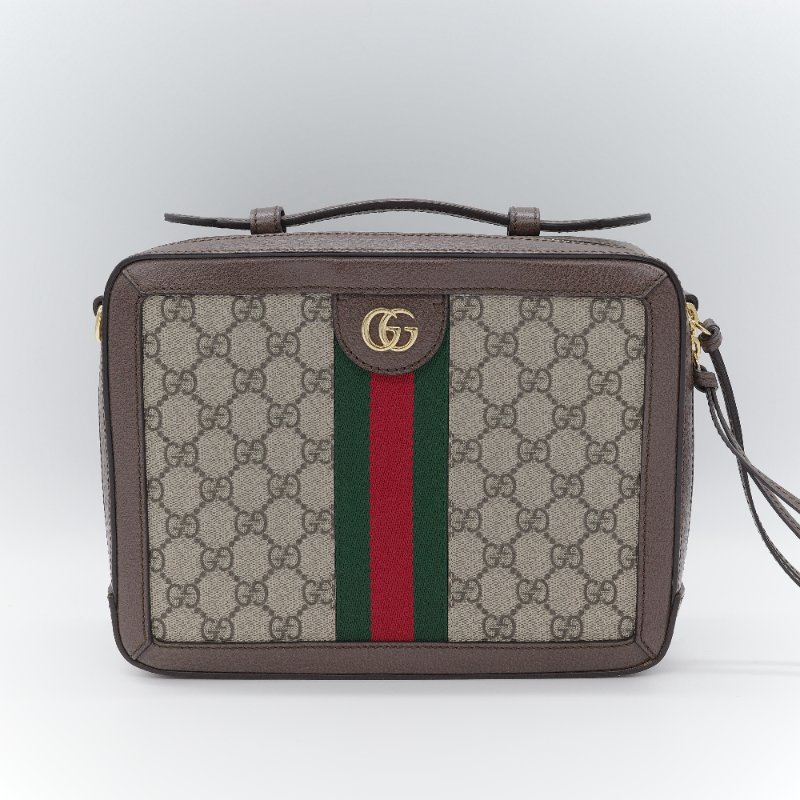 Gucci 古馳 經典GG Supreme 帆布印花 綠紅綠織帶 皮革飾邊 拉鍊手提包 化妝箱 郵差包 斜挎包 手提包-1