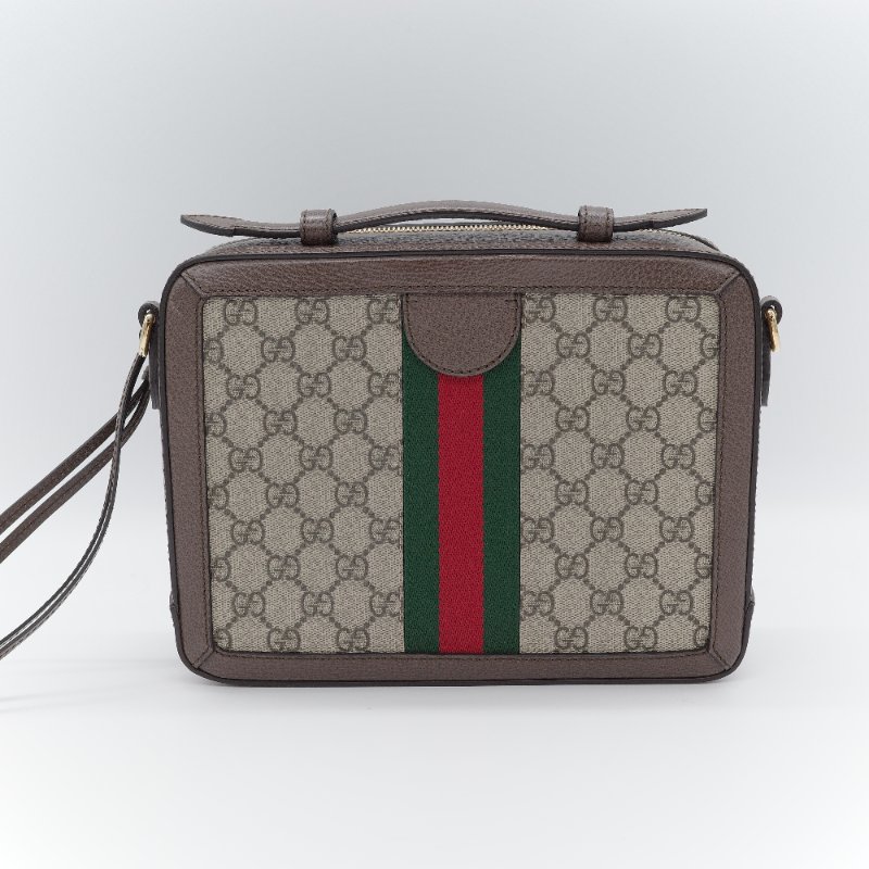 Gucci 古馳 經典GG Supreme 帆布印花 綠紅綠織帶 皮革飾邊 拉鍊手提包 化妝箱 郵差包 斜挎包 手提包-4