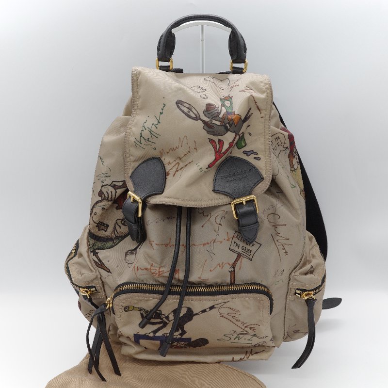 Burberry 巴寶莉 Rucksack 米色 塗鴉印花尼龍 黑色皮革飾邊 中號後背包-0