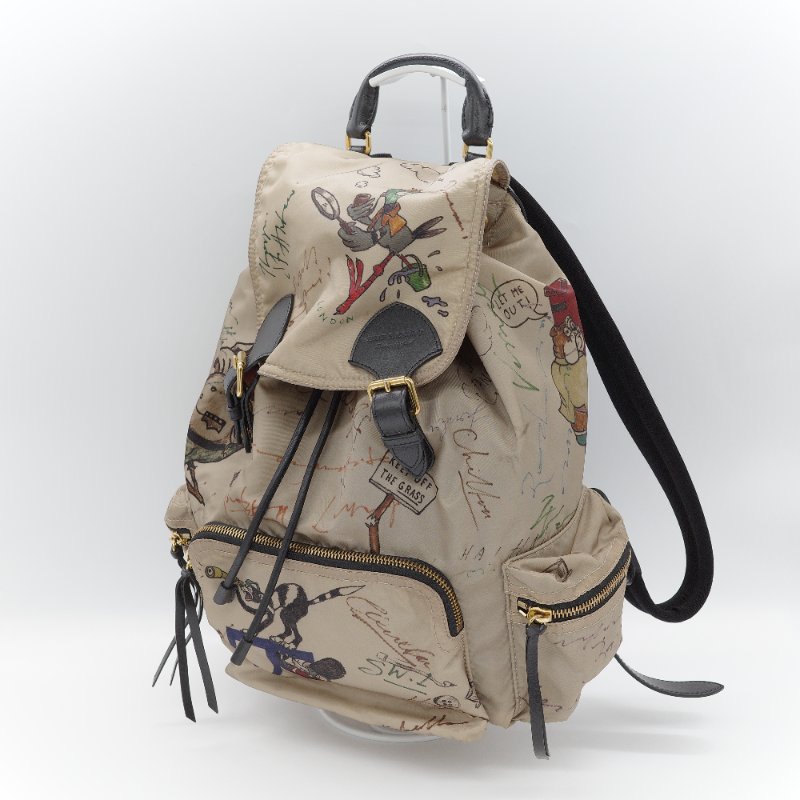 Burberry 巴寶莉 Rucksack 米色 塗鴉印花尼龍 黑色皮革飾邊 中號後背包-2