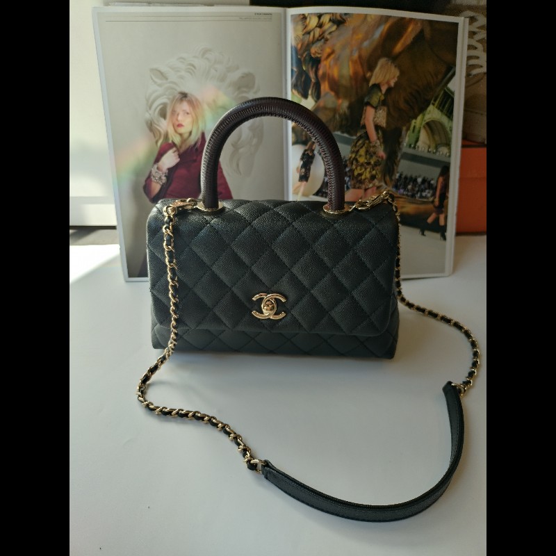 Chanel 紅把黑荔枝皮金鍊兩用包 Coco handle 23-0