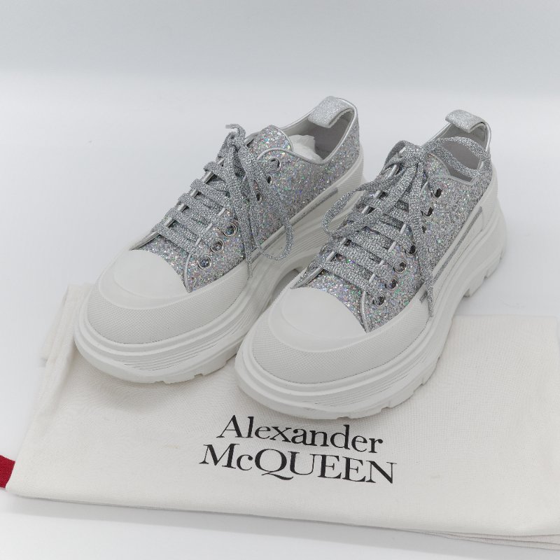 Alexander McQueen 亞歷山大·麥昆 Tread Slick 全銀亮粉 Holo Silver Glitter 亮面織物 繫帶 厚底運動鞋 EU37-0