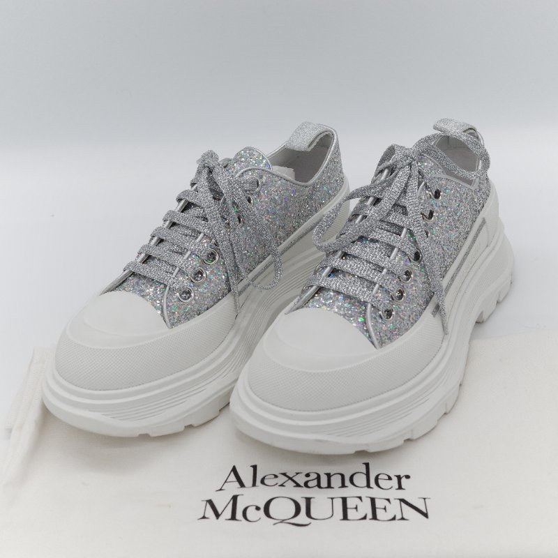 Alexander McQueen 亞歷山大·麥昆 Tread Slick 全銀亮粉 Holo Silver Glitter 亮面織物 繫帶 厚底運動鞋 EU37-1