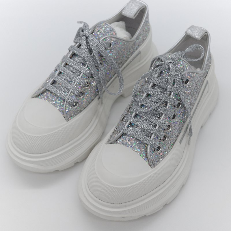Alexander McQueen 亞歷山大·麥昆 Tread Slick 全銀亮粉 Holo Silver Glitter 亮面織物 繫帶 厚底運動鞋 EU37-2