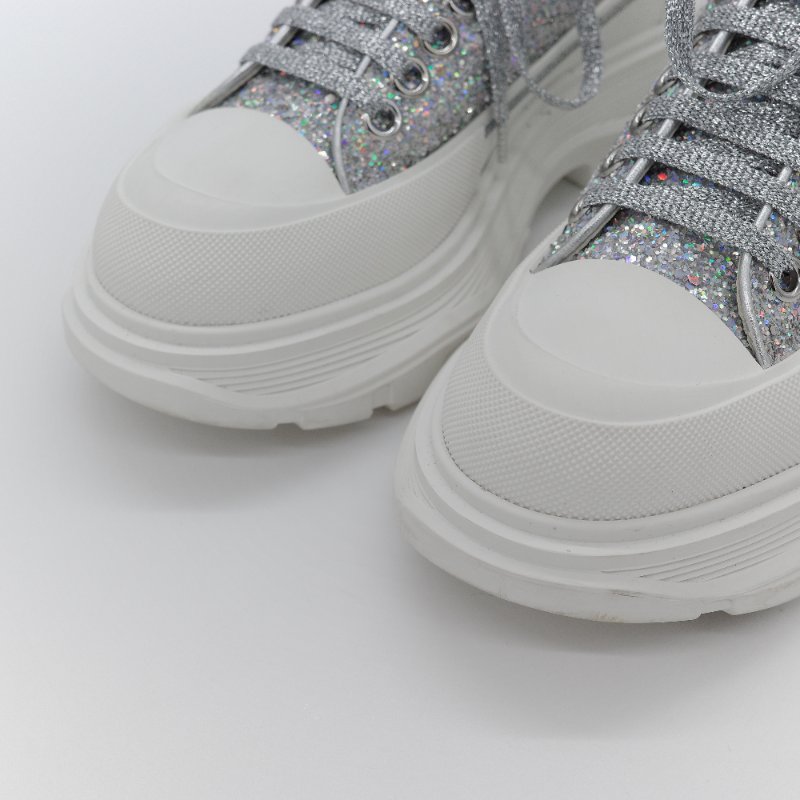Alexander McQueen 亞歷山大·麥昆 Tread Slick 全銀亮粉 Holo Silver Glitter 亮面織物 繫帶 厚底運動鞋 EU37-3