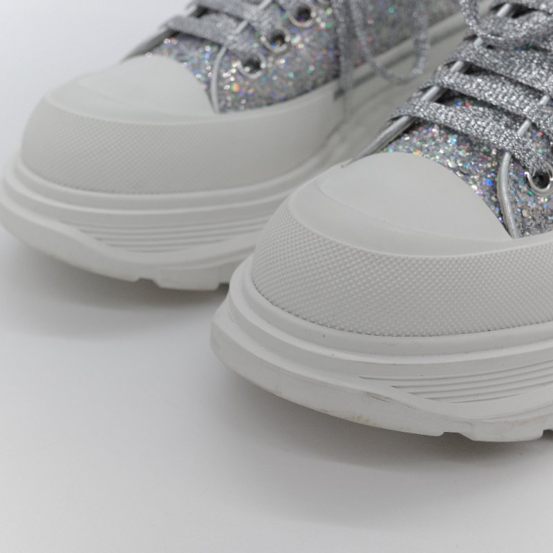 Alexander McQueen 亞歷山大·麥昆 Tread Slick 全銀亮粉 Holo Silver Glitter 亮面織物 繫帶 厚底運動鞋 EU37-4