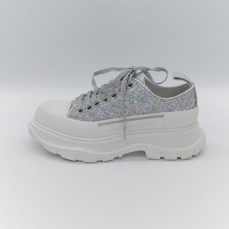 Alexander McQueen 亞歷山大·麥昆 Tread Slick 全銀亮粉 Holo Silver Glitter 亮面織物 繫帶 厚底運動鞋 EU37-5