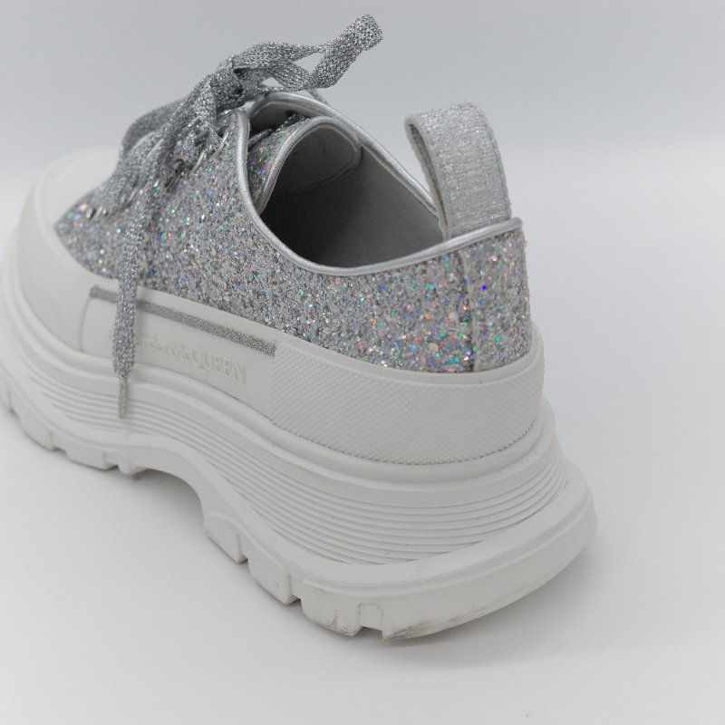 Alexander McQueen 亞歷山大·麥昆 Tread Slick 全銀亮粉 Holo Silver Glitter 亮面織物 繫帶 厚底運動鞋 EU37-8