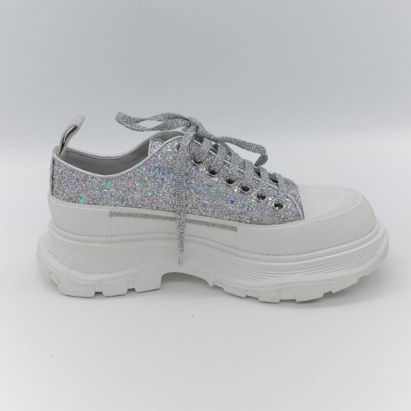 Alexander McQueen 亞歷山大·麥昆 Tread Slick 全銀亮粉 Holo Silver Glitter 亮面織物 繫帶 厚底運動鞋 EU37-10