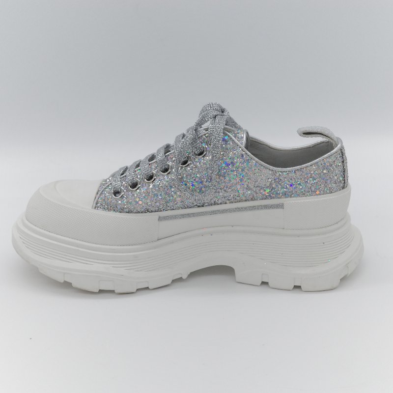 Alexander McQueen 亞歷山大·麥昆 Tread Slick 全銀亮粉 Holo Silver Glitter 亮面織物 繫帶 厚底運動鞋 EU37-11