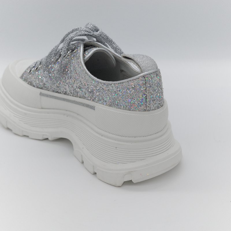 Alexander McQueen 亞歷山大·麥昆 Tread Slick 全銀亮粉 Holo Silver Glitter 亮面織物 繫帶 厚底運動鞋 EU37-12