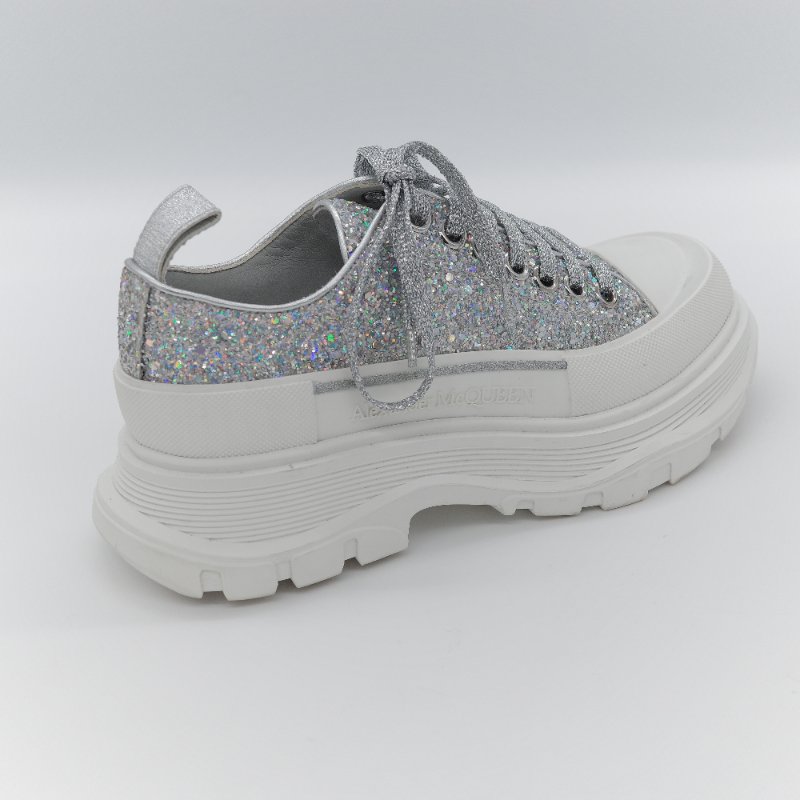 Alexander McQueen 亞歷山大·麥昆 Tread Slick 全銀亮粉 Holo Silver Glitter 亮面織物 繫帶 厚底運動鞋 EU37-13