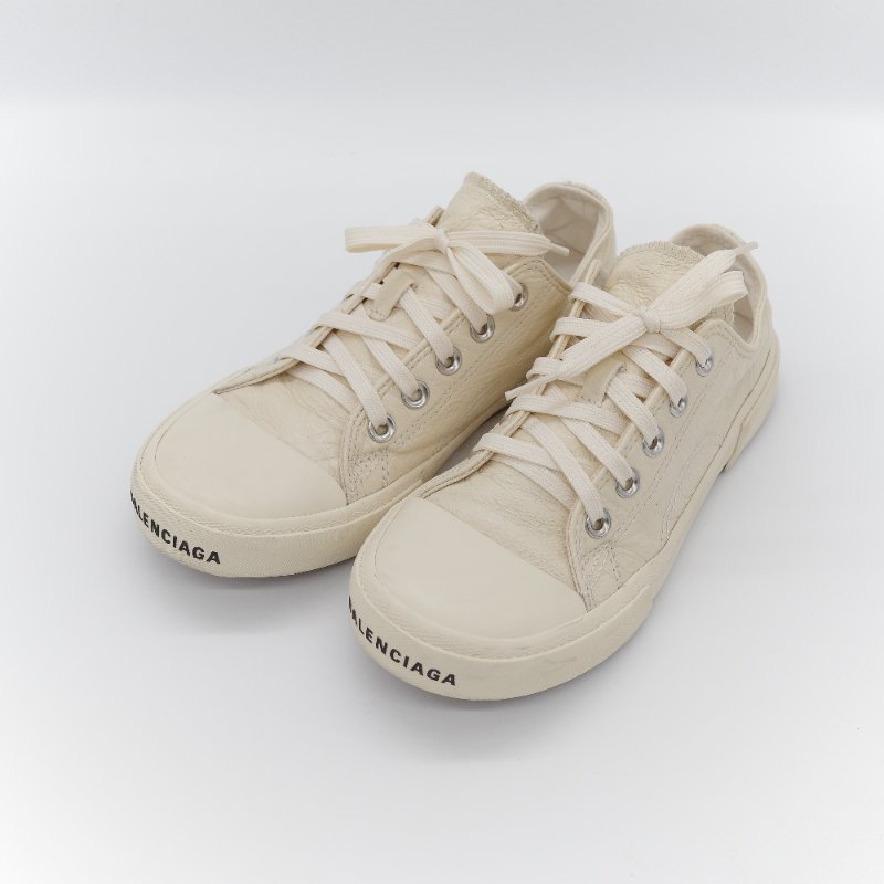 （閒置品♥️未使用）Balenciaga 巴黎世家 Paris 奶油色 牛皮革 低筒 開口笑 帆布鞋 EU37-1