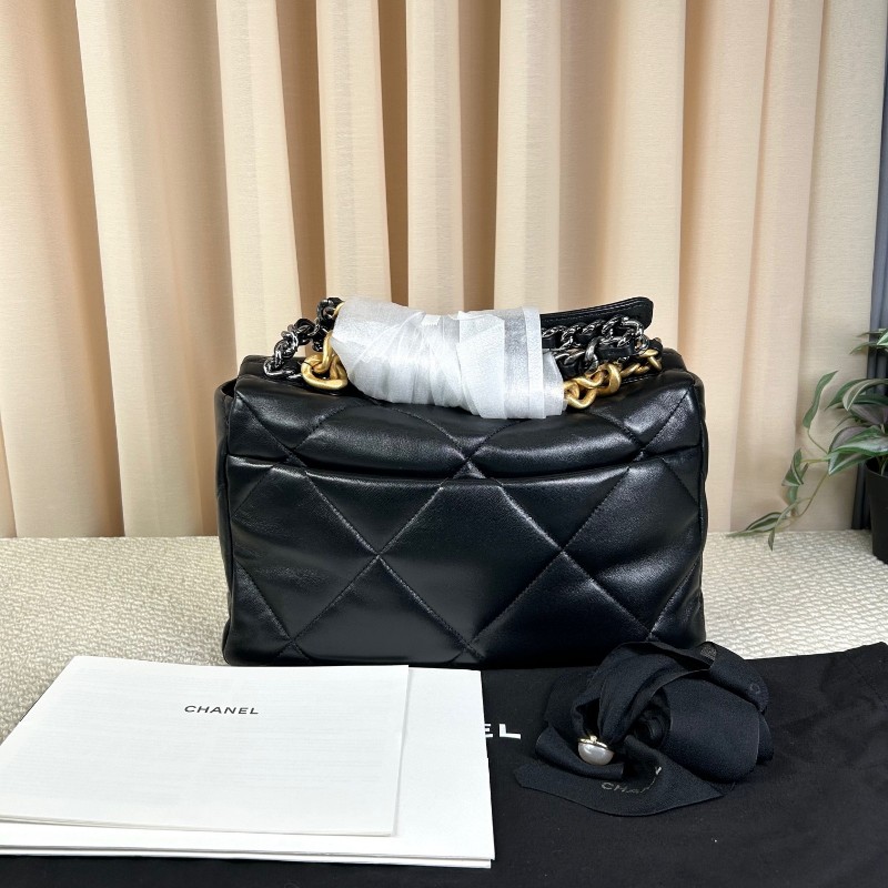 CHANEL香奈兒 全新 芯片款  19Bag 金扣菱格皮穿鏈鏈條手柄翻蓋 羊皮手提單肩斜挎包 中號黑色-1