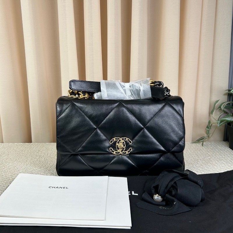 CHANEL香奈兒 全新 芯片款  19Bag 金扣菱格皮穿鏈鏈條手柄翻蓋 羊皮手提單肩斜挎包 中號黑色-5