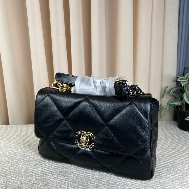 CHANEL香奈兒 全新 芯片款  19Bag 金扣菱格皮穿鏈鏈條手柄翻蓋 羊皮手提單肩斜挎包 中號黑色-6