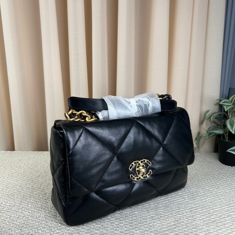 CHANEL香奈兒 全新 芯片款  19Bag 金扣菱格皮穿鏈鏈條手柄翻蓋 羊皮手提單肩斜挎包 中號黑色-7
