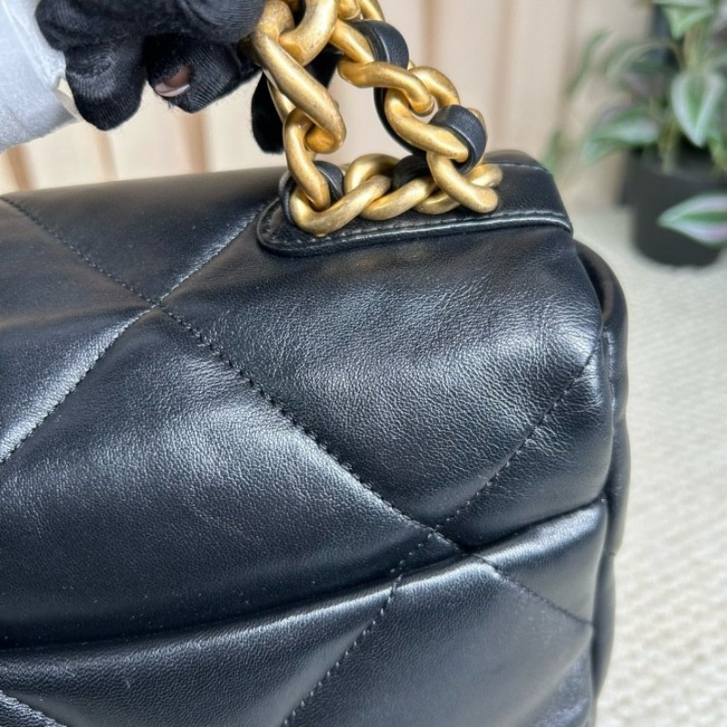 CHANEL香奈兒 全新 芯片款  19Bag 金扣菱格皮穿鏈鏈條手柄翻蓋 羊皮手提單肩斜挎包 中號黑色-9