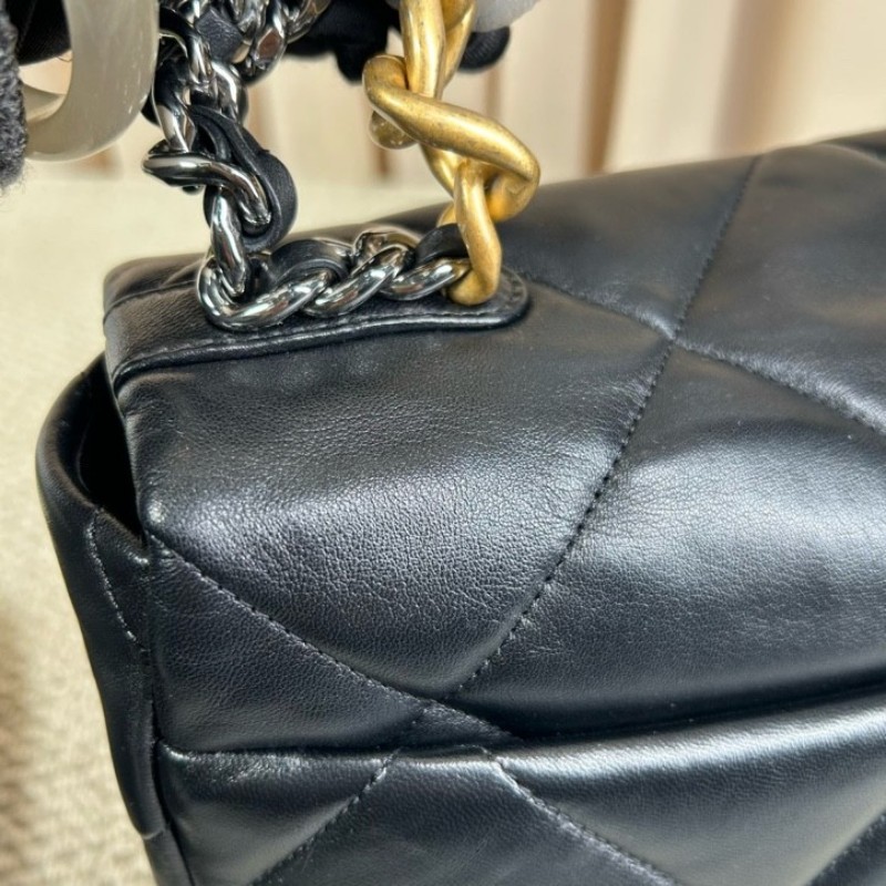 CHANEL香奈兒 全新 芯片款  19Bag 金扣菱格皮穿鏈鏈條手柄翻蓋 羊皮手提單肩斜挎包 中號黑色-11