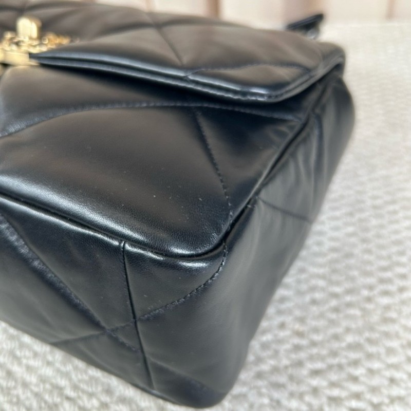 CHANEL香奈兒 全新 芯片款  19Bag 金扣菱格皮穿鏈鏈條手柄翻蓋 羊皮手提單肩斜挎包 中號黑色-13