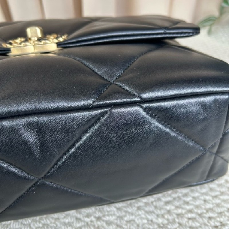 CHANEL香奈兒 全新 芯片款  19Bag 金扣菱格皮穿鏈鏈條手柄翻蓋 羊皮手提單肩斜挎包 中號黑色-14