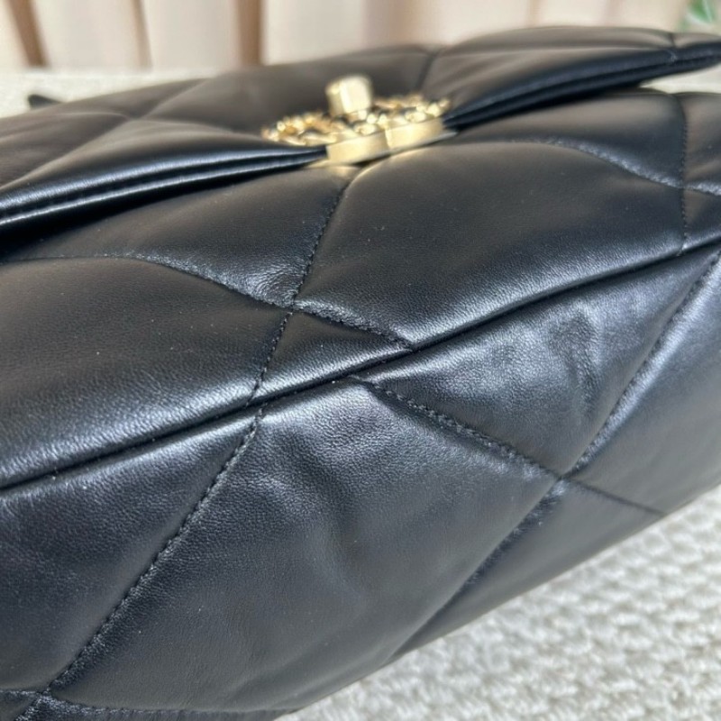 CHANEL香奈兒 全新 芯片款  19Bag 金扣菱格皮穿鏈鏈條手柄翻蓋 羊皮手提單肩斜挎包 中號黑色-15