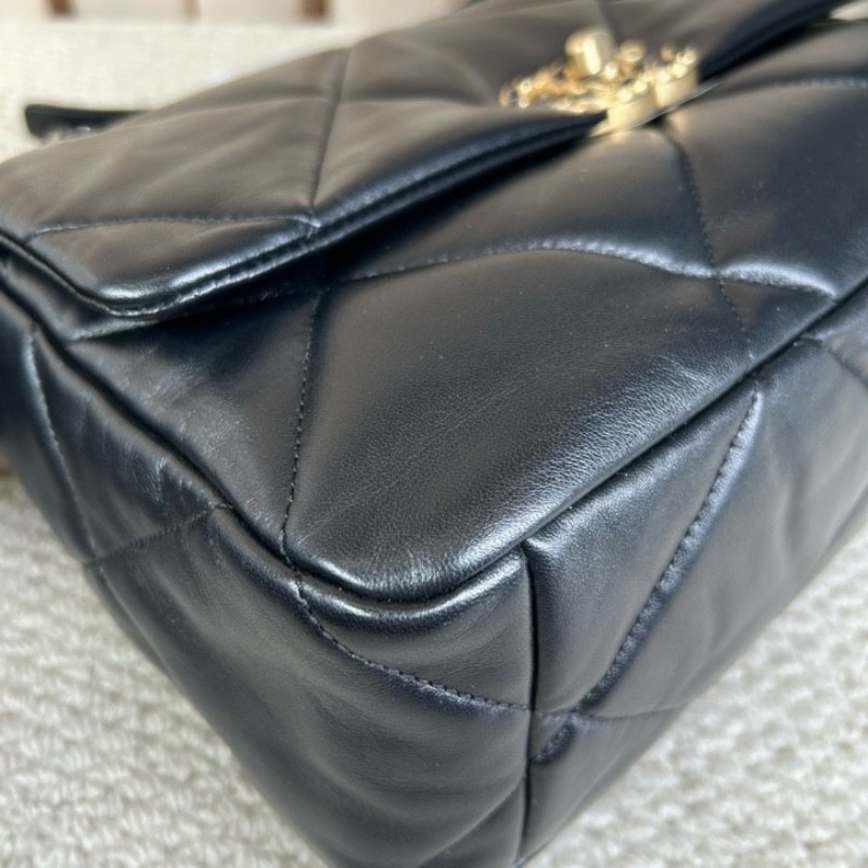 CHANEL香奈兒 全新 芯片款  19Bag 金扣菱格皮穿鏈鏈條手柄翻蓋 羊皮手提單肩斜挎包 中號黑色-16