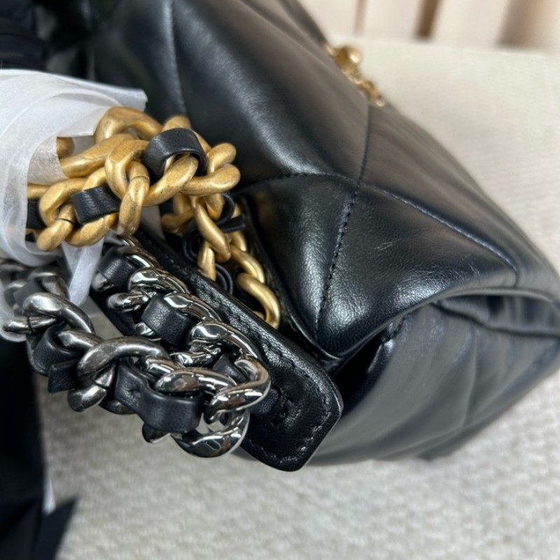 CHANEL香奈兒 全新 芯片款  19Bag 金扣菱格皮穿鏈鏈條手柄翻蓋 羊皮手提單肩斜挎包 中號黑色-19