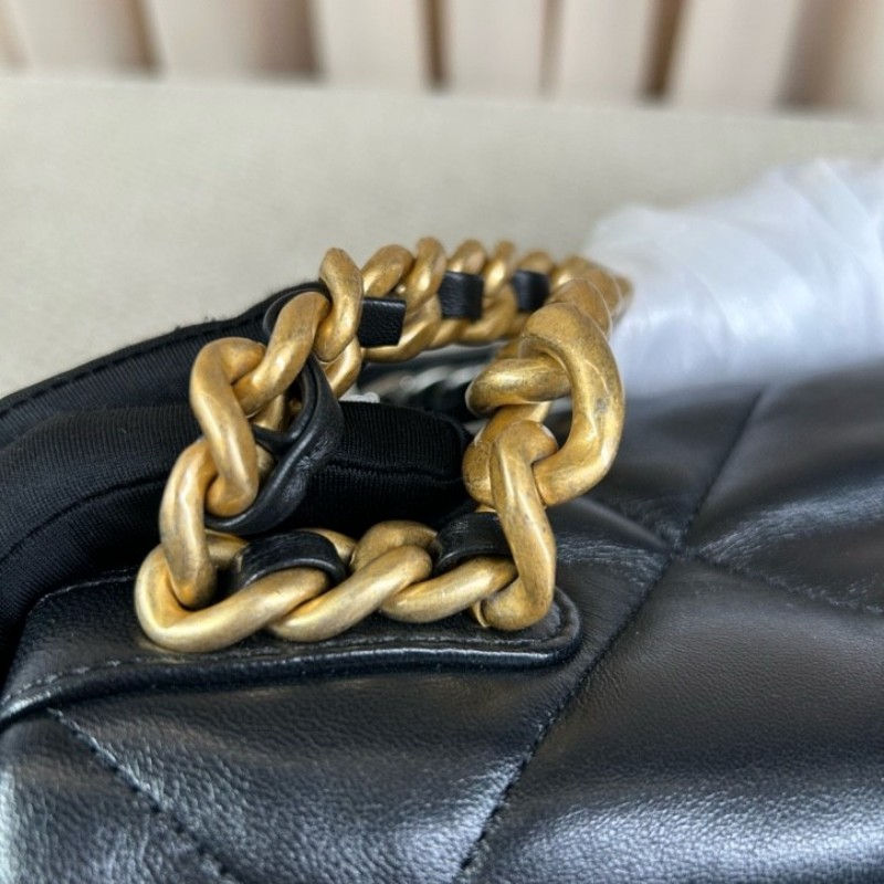CHANEL香奈兒 全新 芯片款  19Bag 金扣菱格皮穿鏈鏈條手柄翻蓋 羊皮手提單肩斜挎包 中號黑色-22
