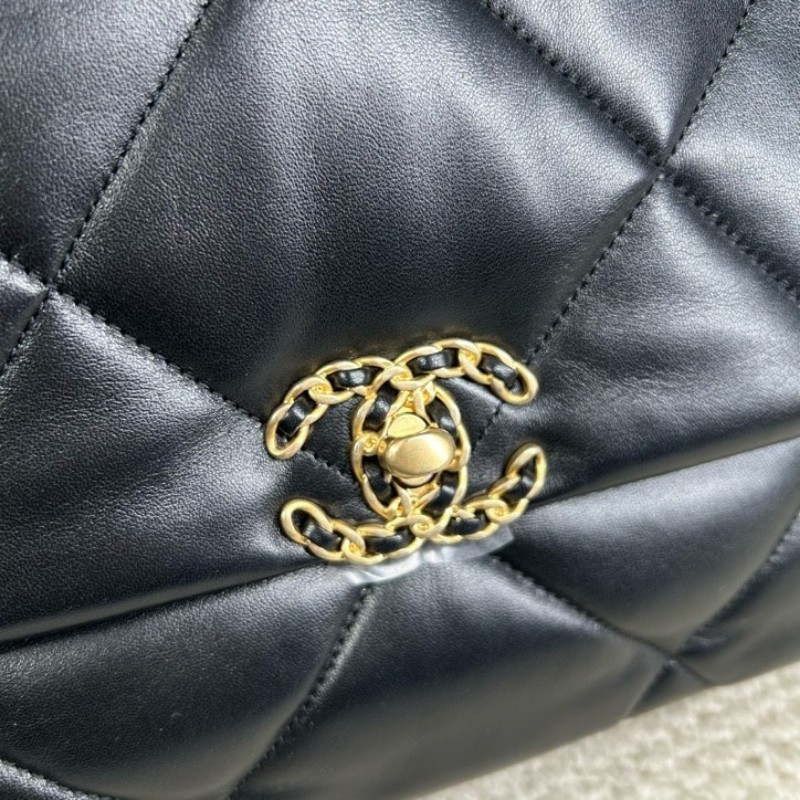 CHANEL香奈兒 全新 芯片款  19Bag 金扣菱格皮穿鏈鏈條手柄翻蓋 羊皮手提單肩斜挎包 中號黑色-23