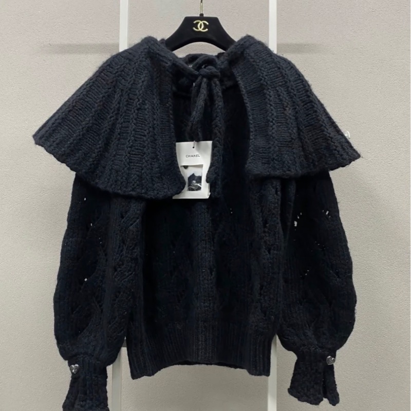 Chanel 愛心釦 黑色縷空披肩斗篷毛衣 FR40號-0