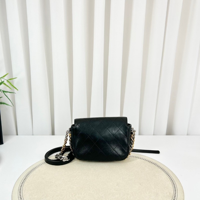 香奈兒/Chanel   27開 黑色菱格牛皮郵差包 鴛鴦扣五金鏈條 可手拎可斜挎-6