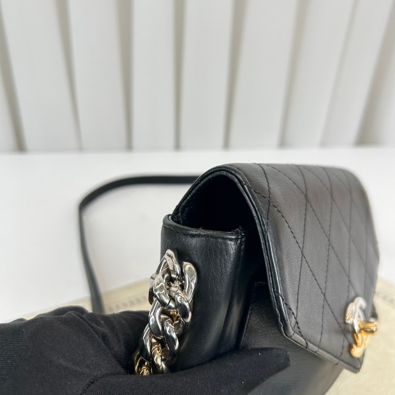 香奈兒/Chanel   27開 黑色菱格牛皮郵差包 鴛鴦扣五金鏈條 可手拎可斜挎-7