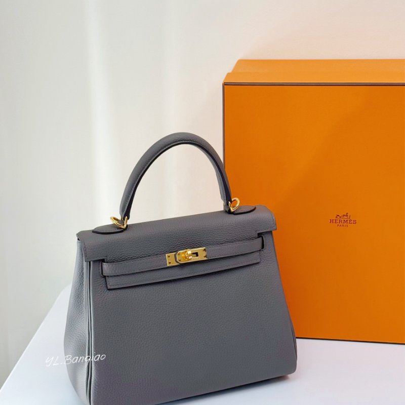 S5272-HERMES 8F錫器灰TOGO皮金扣KELLY 25CM-0
