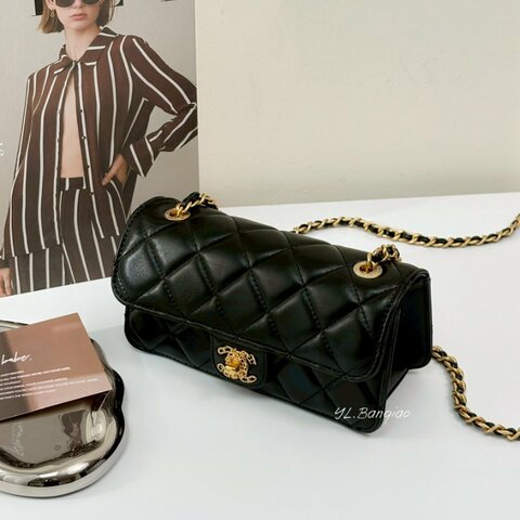 S5273-Chanel 黑羊皮字母金扣雙C斜背包