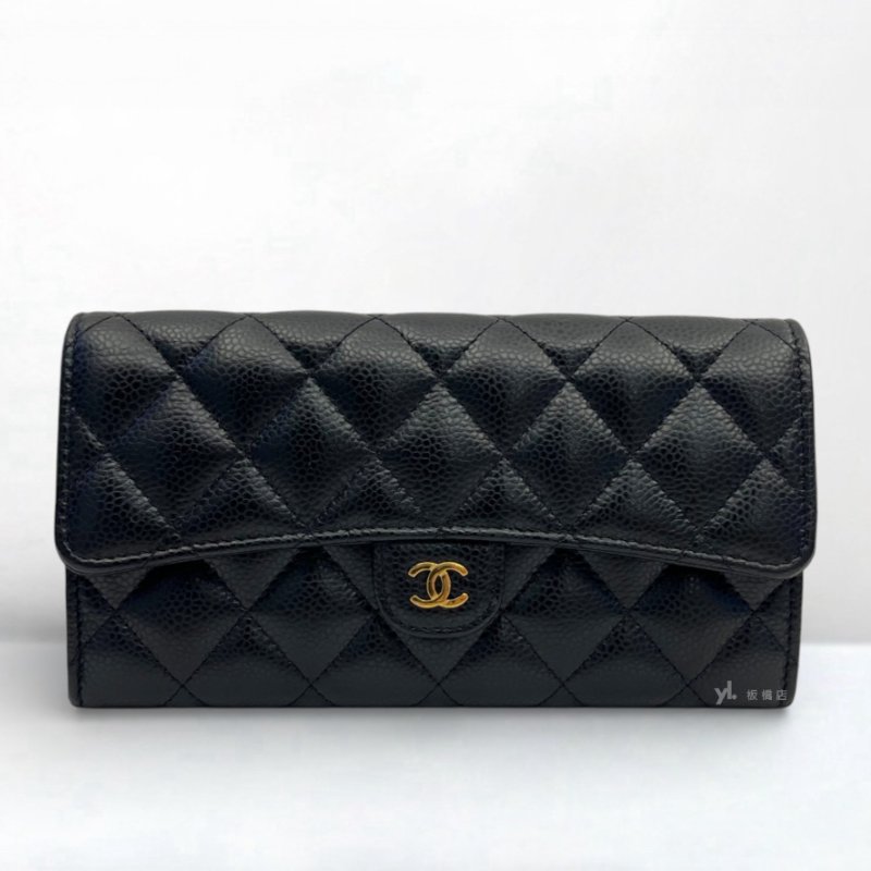S5274-Chanel長夾 黑荔枝牛皮金扣下蓋長夾AP0241-0