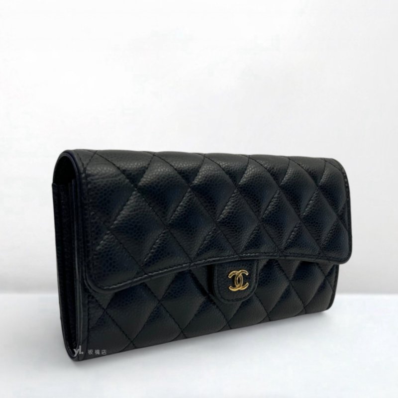 S5274-Chanel長夾 黑荔枝牛皮金扣下蓋長夾AP0241-1