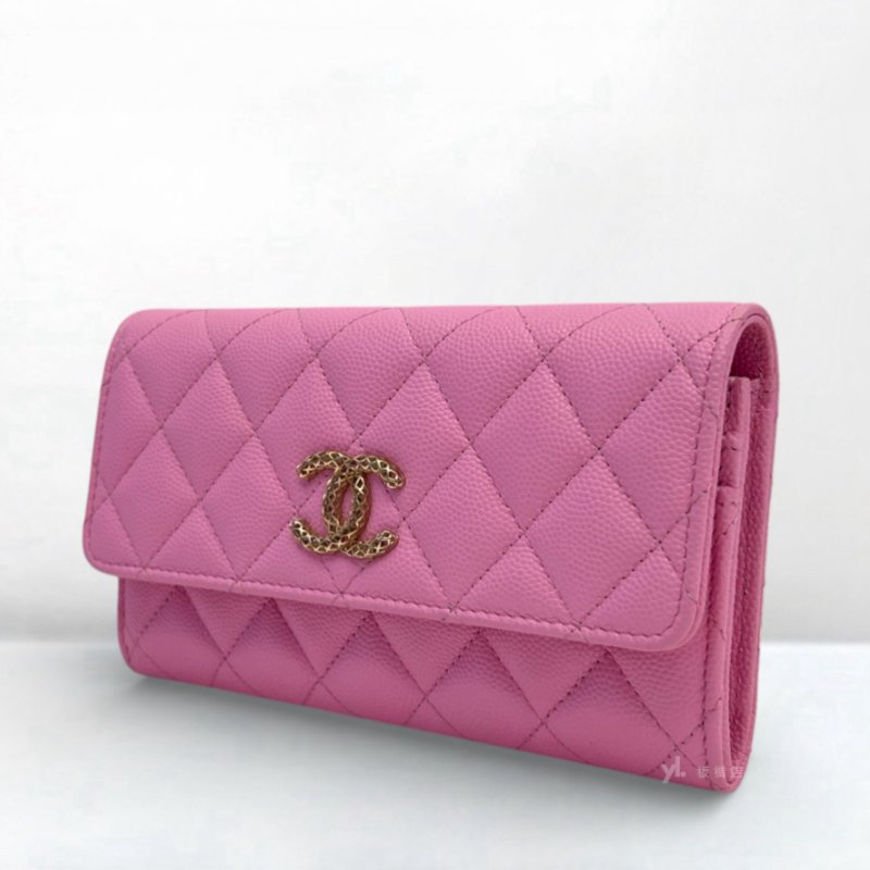 S5275-Chanel中夾 粉荔枝牛皮鏤空雙C LOGO下蓋中夾AP3183-2