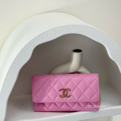 S5275-Chanel 粉荔枝牛皮鏤空雙C LOGO下蓋中夾AP3183