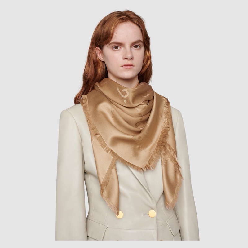 Gucci 女士 GG提花真絲羊毛混紡披肩均碼碼140×140CM-3