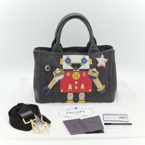 Prada 普拉達 Canapa 機器人 徽章款 丹寧藍帆布 托特包 手提包 斜挎包