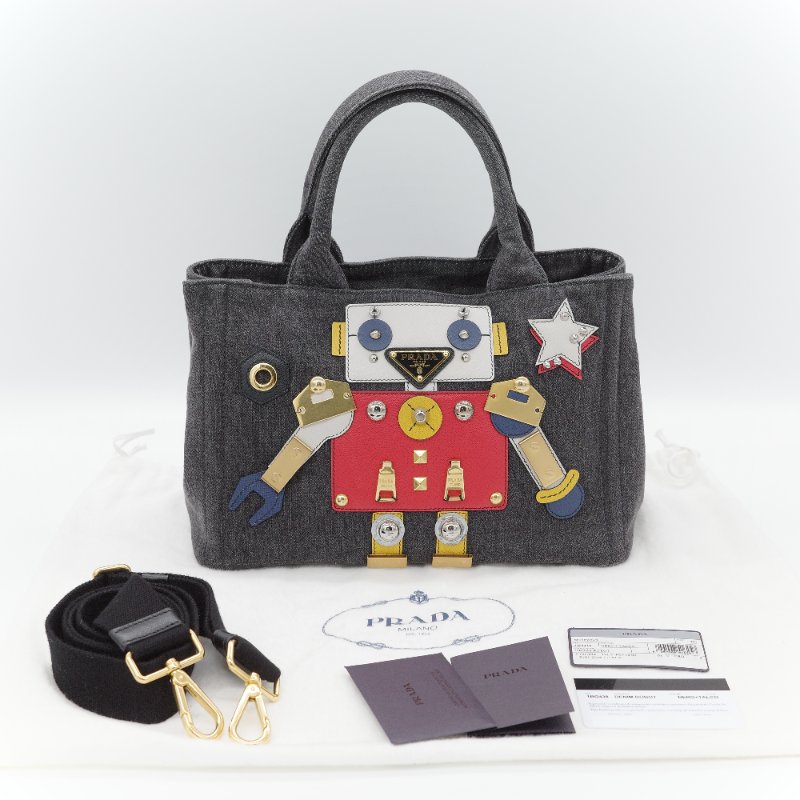 Prada 普拉達 Canapa 機器人 徽章款 丹寧藍帆布 托特包 手提包 斜挎包-0