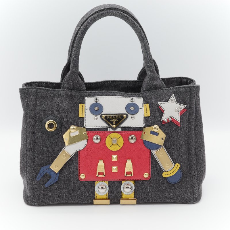 Prada 普拉達 Canapa 機器人 徽章款 丹寧藍帆布 托特包 手提包 斜挎包-1