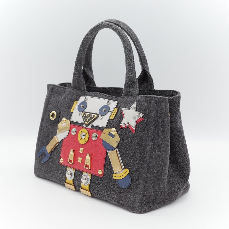 Prada 普拉達 Canapa 機器人 徽章款 丹寧藍帆布 托特包 手提包 斜挎包-2