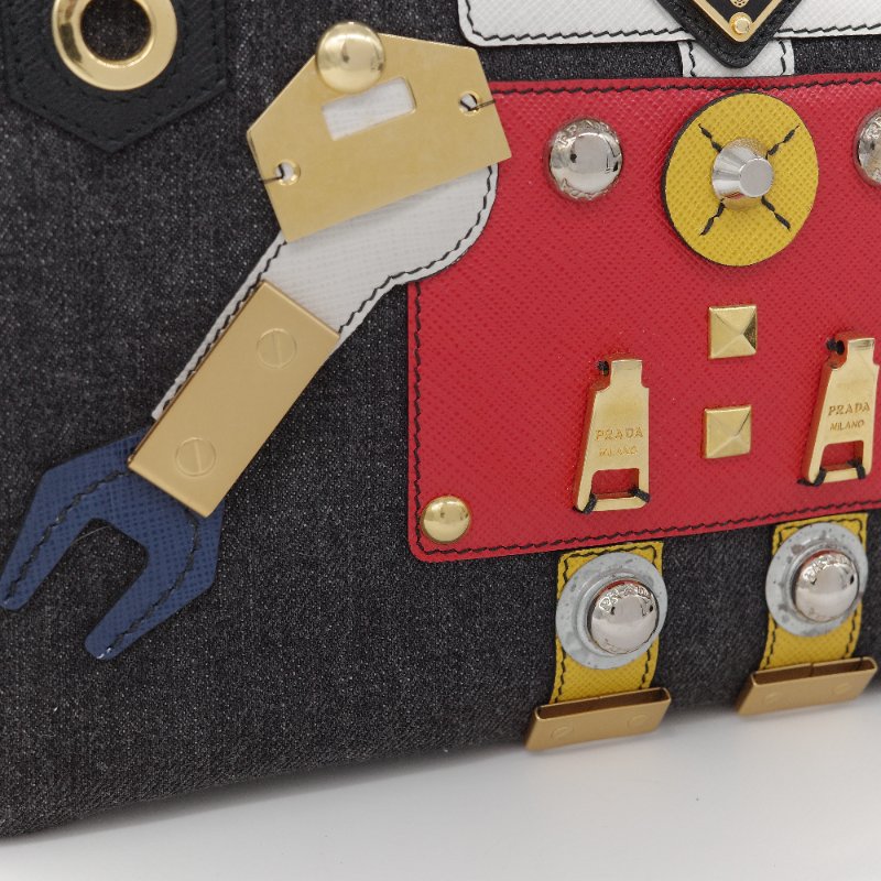 Prada 普拉達 Canapa 機器人 徽章款 丹寧藍帆布 托特包 手提包 斜挎包-6