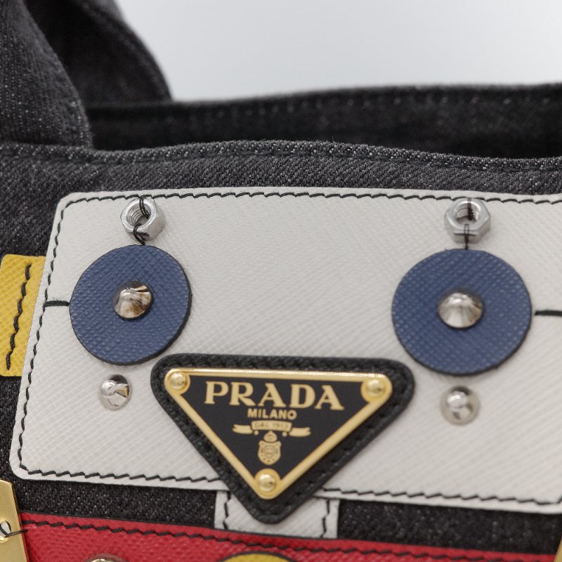 Prada 普拉達 Canapa 機器人 徽章款 丹寧藍帆布 托特包 手提包 斜挎包-8