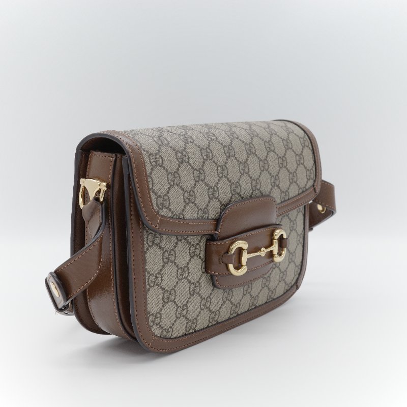Gucci古馳 Horsebit 1955 GG Supreme 米色 烏木色 帆布 肩背包-2